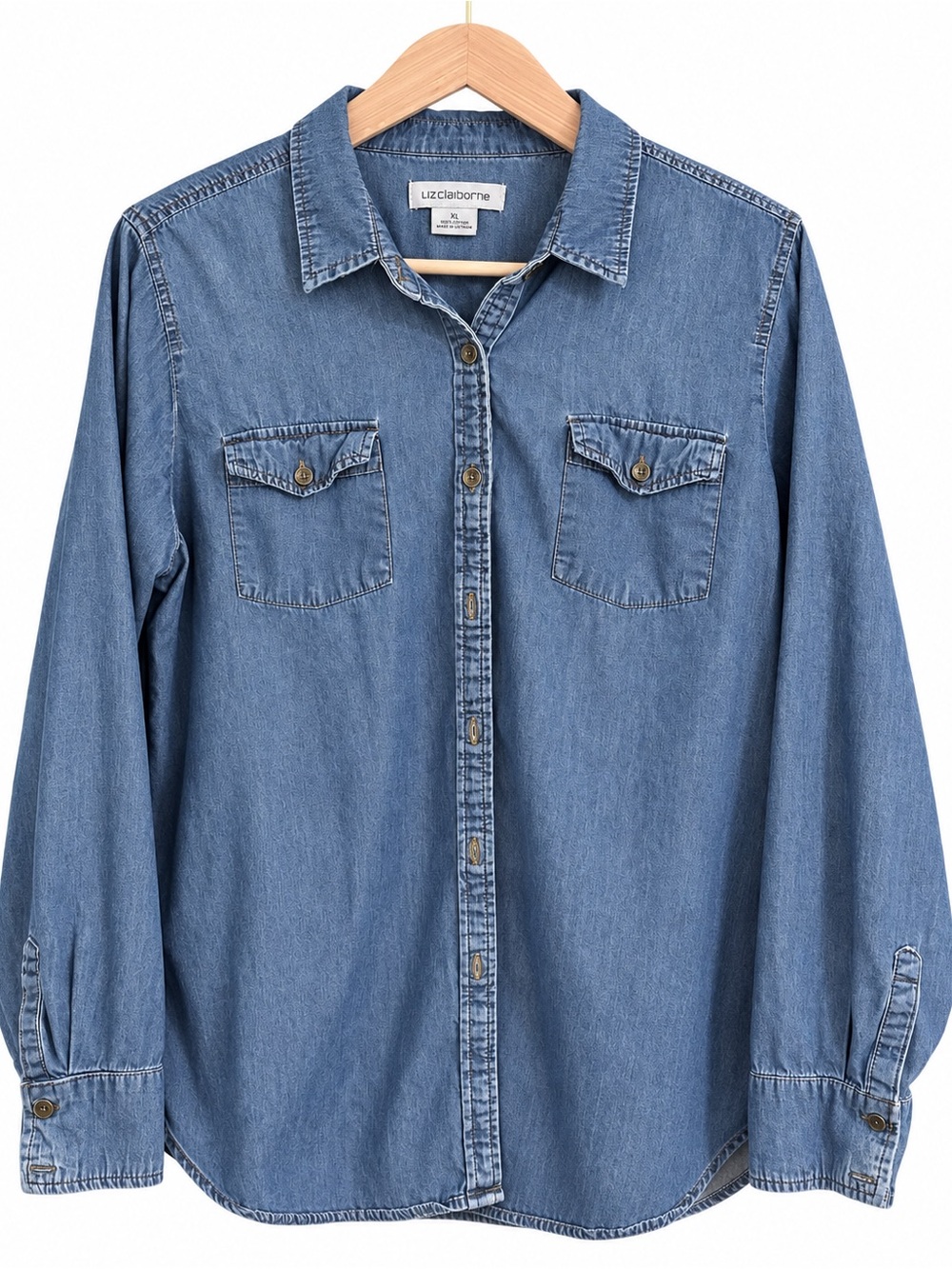 Liz Claiborne XL Chambray Button Front Shirt 100% Cotton